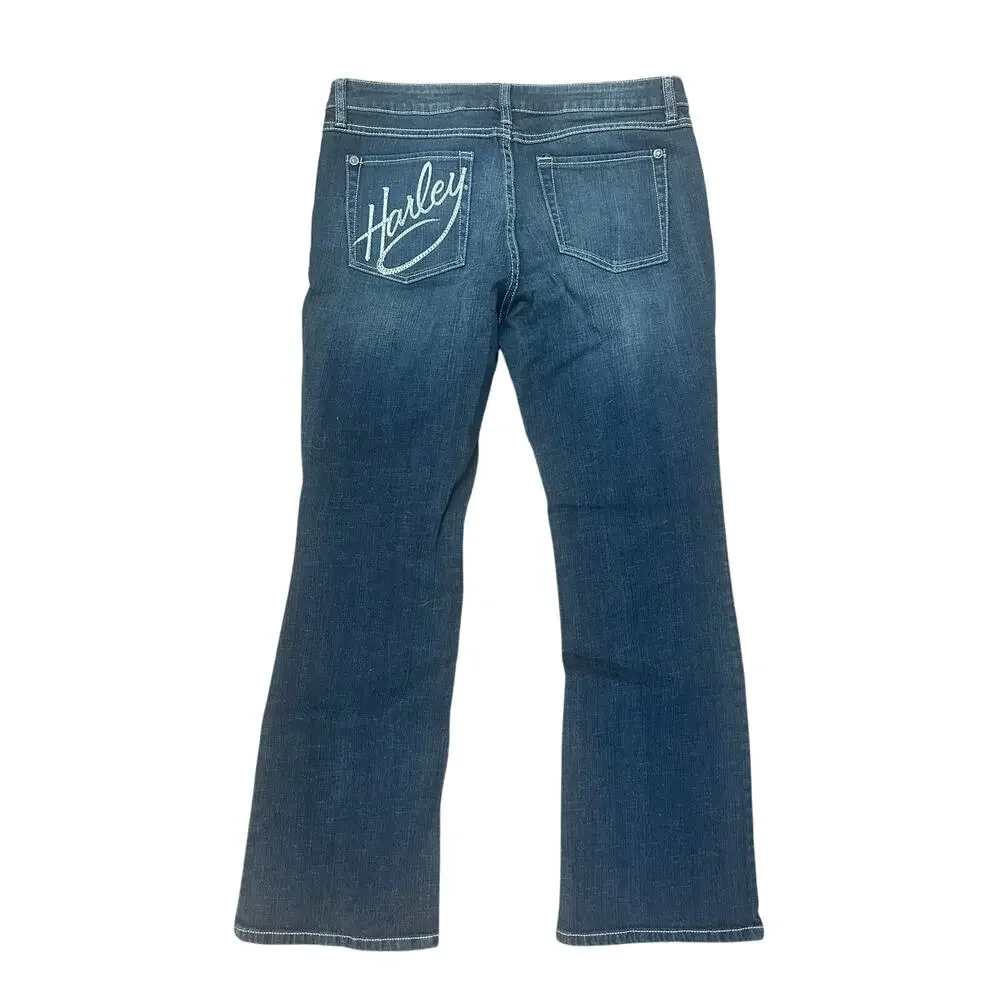 Harley Davidson Bootcut Y2K Bling Jeans Sz 12 Dark Wash 32 Inseam - Excellent - Picture 2 of 10